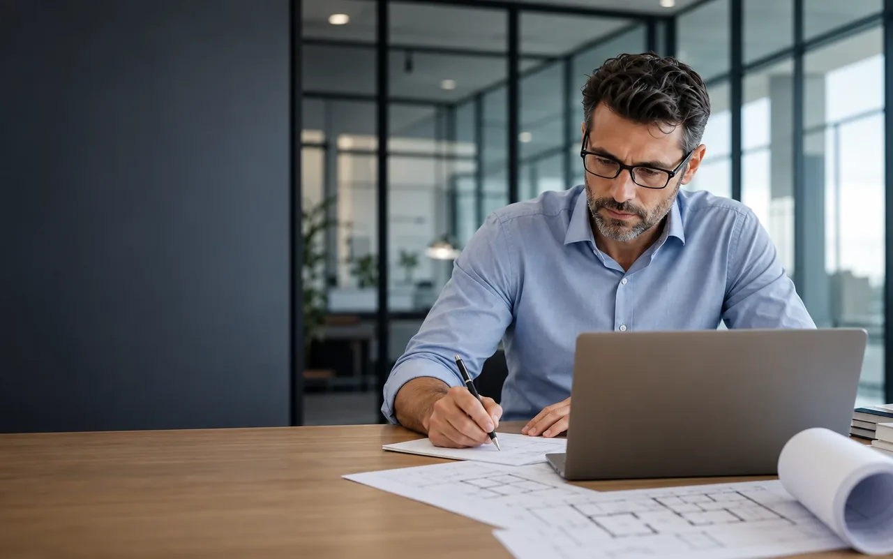 Un architecte annote un plan à son bureau, ordinateur ouvert : devenir autonome sur la réglementation de ses projets ERP