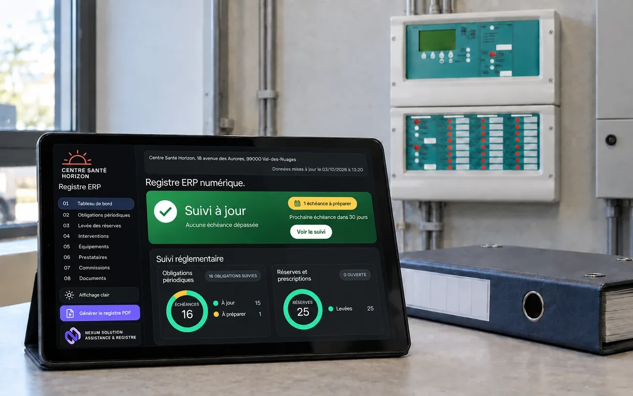 Une tablette affichant le registre de sécurité numérique Nexum, posée devant une centrale d'alarme et un classeur : suivi réglementaire à jour